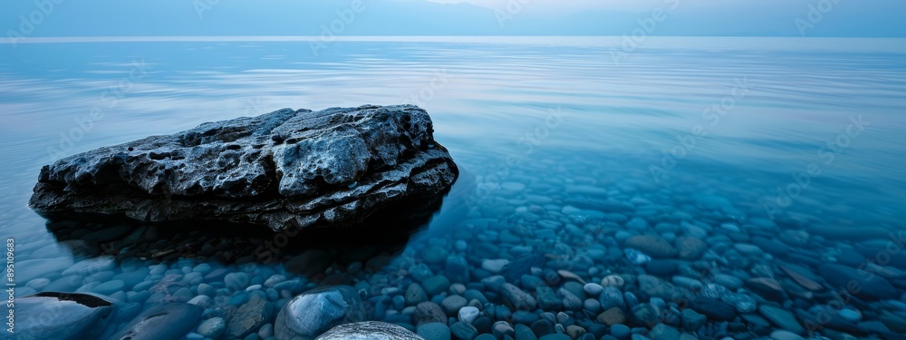 Wall mural  A rock perches atop the water's surface beside a large rock in the heart of the ocean