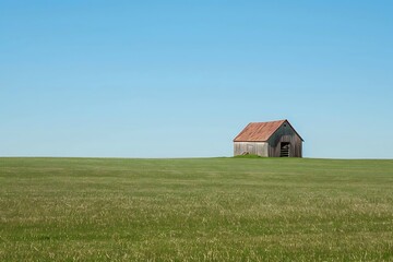 Obraz premium A solitary barn overlooks a wide green field under a clear blue sky