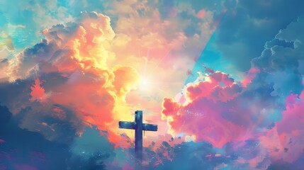 A cross of Jesus, with clouds and light behind it, in the style of a digital painting with a colorful illustration and impressionist oil color palette