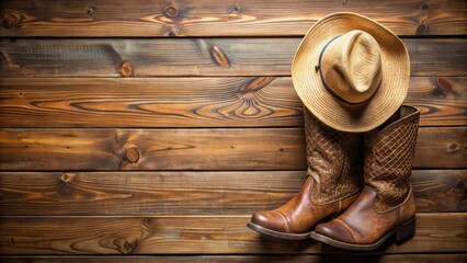 Cowboy Boots and Hat on Rustic Wooden Background, cowboy boots, cowboy hat, rustic wood, western wear