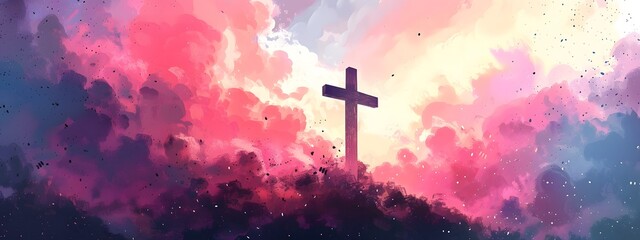 A cross of Jesus, with clouds and light behind it, in the style of a digital painting with a colorful illustration and impressionist oil color palette