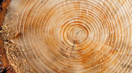 Naklejka premium Texture of freshly sawn thick spruce tree cross section with growth rings and wood powder background
