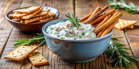 Creamy Herb and Walnut Dip with Breadsticks, Rosemary, and Crackers, dips, appetizer, snack, recipe