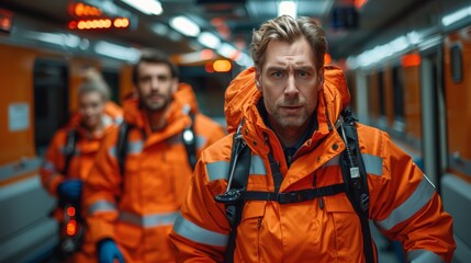 A Man in an Orange Jacket Walks Through a Train Car