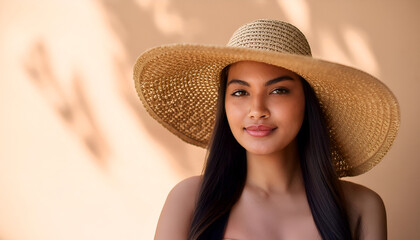 Woman Wearing a Wide-Brimmed Straw Hat in the Summer Sun