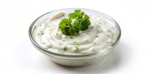 Creamy Yogurt Dip with Parsley in a Glass Bowl, yogurt dip, white background, dip recipe , parsley garnish