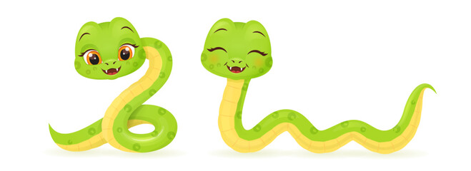 Cute snake characters with smiling faces. Merry christmas and Happy new year 2025 invitation card.