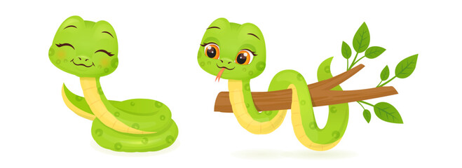 Cute snake characters with smiling faces. Merry christmas and Happy new year 2025 invitation card.