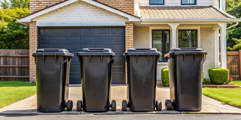 Four Black Recycling Bins Lined Up in Front of Suburban Home, recycle bin , garbage , trash , curbside