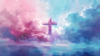 A cross of Jesus, with clouds and light behind it, in the style of a digital painting with a colorful illustration and impressionist oil color palette