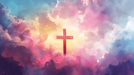 A cross of Jesus, with clouds and light behind it, in the style of a digital painting with a colorful illustration and impressionist oil color palette