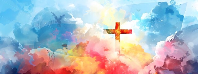 A cross of Jesus, with clouds and light behind it, in the style of a digital painting with a colorful illustration and impressionist oil color palette