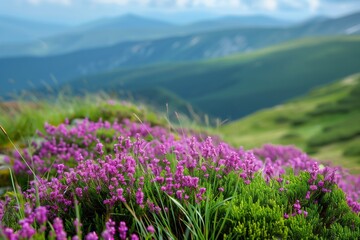 Fototapeta premium Blooming heather. Heathland. Background for physine with flowers. Floral backdrop. Pink flower. Meadow with heather. Moorland