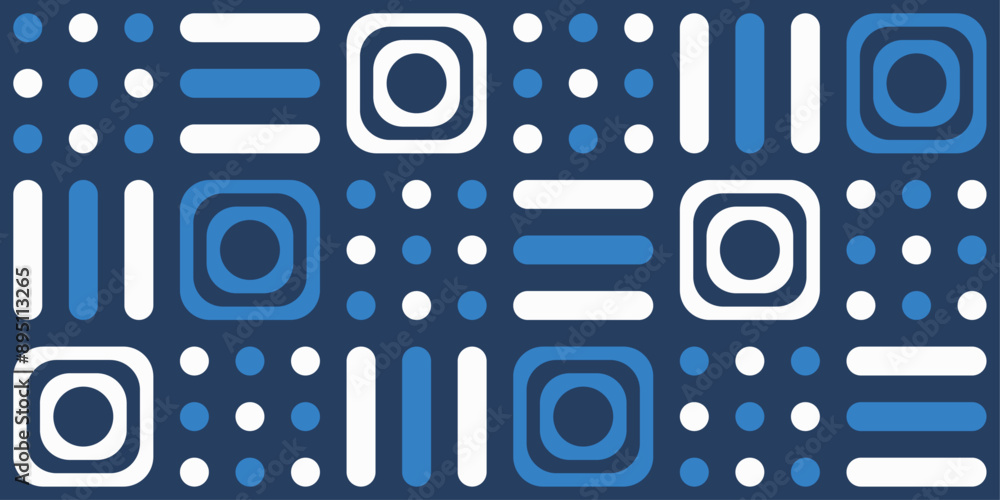 Poster Checkerboard pattern of blue squares, dots, triple lines. Alternating tile pattern, repeating pattern.