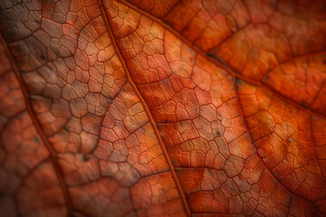 
A close-up of the veins on an autumn leaf, highlighting their intricate patterns and textures. The warm tones of orange and brown create a rich texture