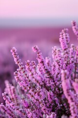 Fototapeta premium Blooming heather. Heathland. Background for physine with flowers. Floral backdrop. Pink flower. Meadow with heather. Moorland