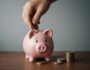 Hand insert coin to a piggy bank, crypto coin, illustration