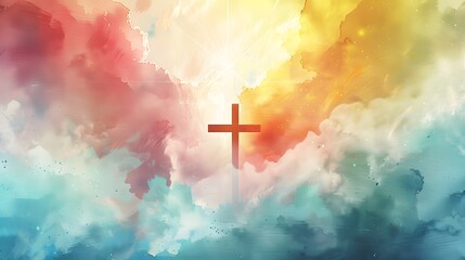 A cross of Jesus, with clouds and light behind it, in the style of a digital painting with a colorful illustration and impressionist oil color palette