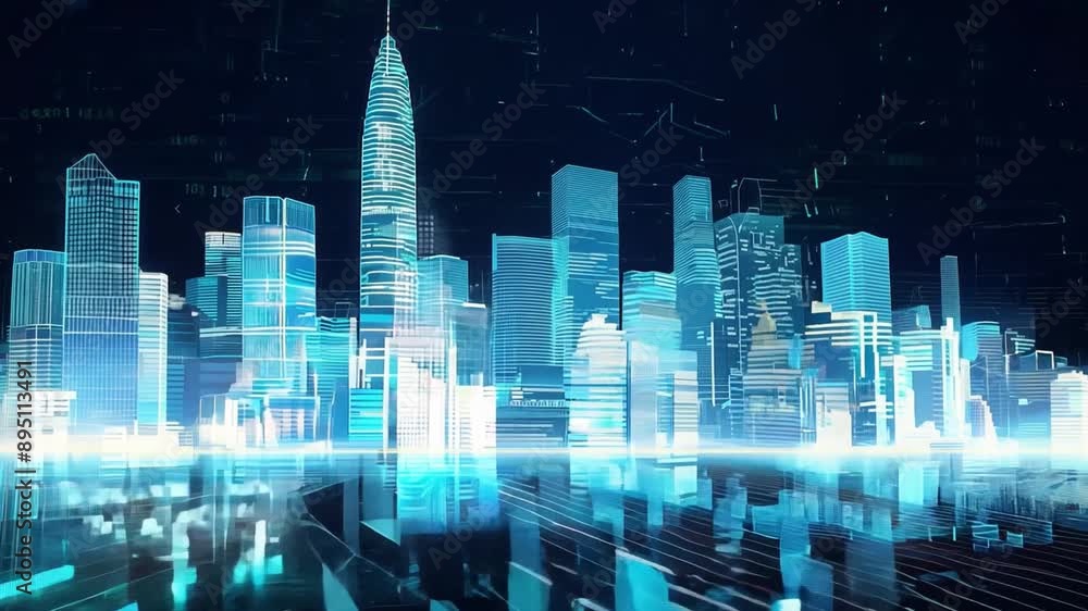 Poster a digital rendering of a city at night, showcasing tall skyscrapers illuminated by neon blue lights.