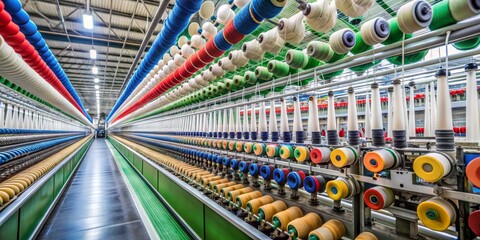 Industrial Textile Machine with Colorful Spools, Spinning, Factory, Textile, Manufacturing