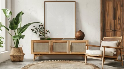 Contemporary Nordic living room with poster frame, designer commode, vase-leaf, rattan chair, book, and stylish decor.