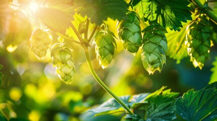 A close-up of a hop cone ready for harvest, with a soft focus on the surrounding foliage