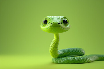 Fototapeta premium 3D rendering of a cartoon cute green snake baby with big eyes , solid green color background. symbol of the year 2025 