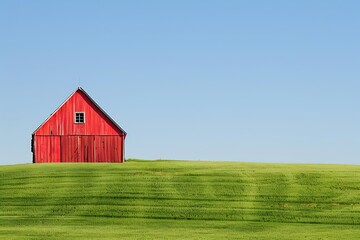Obraz premium A solitary barn overlooks a wide green field under a clear blue sky
