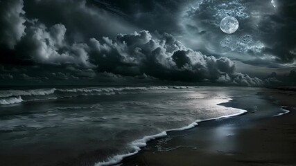 The moon reflects off the dark ominous clouds overhead creating an otherworldly aura over the unsettling beach at night.
