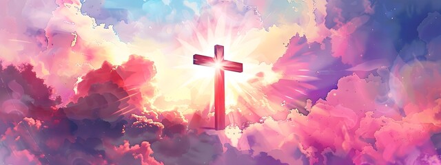 A cross of Jesus, with clouds and light behind it, in the style of a digital painting with a colorful illustration and impressionist oil color palette
