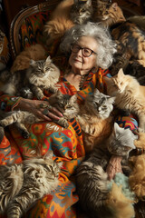 eccentric old cat lady with grey hair , wearing glasses , sitting in her chair surrounded by many cats, covered and buried under soft, fluffy materials in warm colors.