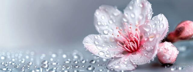 adorned with water-clinging droplets At its heart, a pink blossom