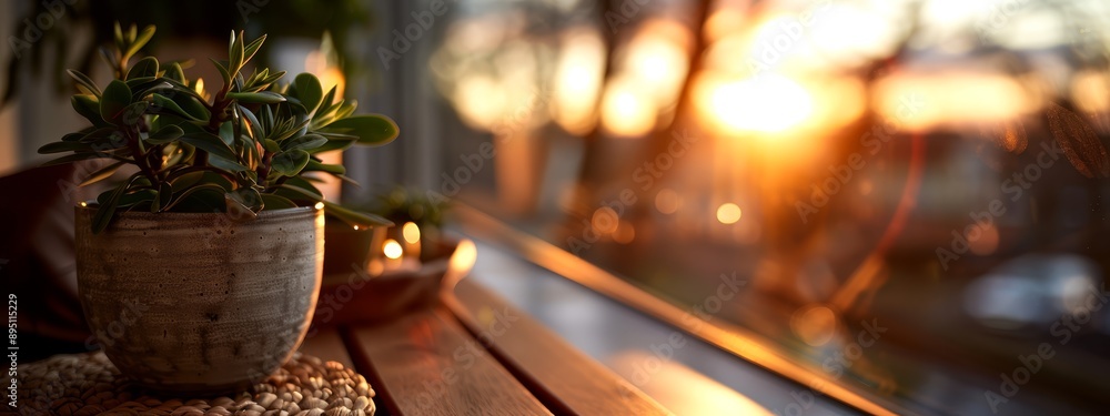 Wall mural  A potted plant atop a wooden table An adjacent table holds another potted plant