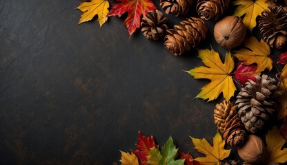 Autumn leaves and pine cones arrangement on dark background.