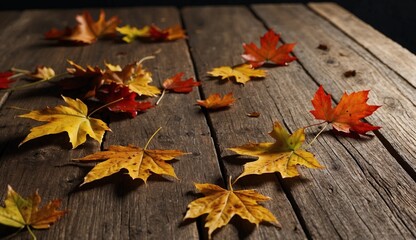 Colorful autumn leaves scattered on rustic wooden table