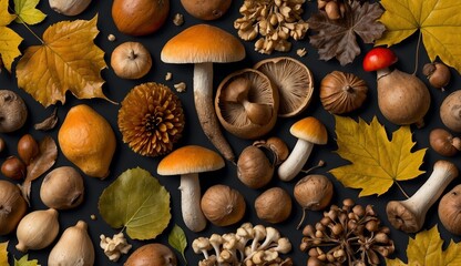 Autumn mushrooms, nuts, and leaves creatively arranged.