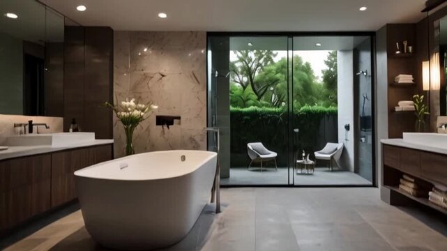 An elegant master bathroom featuring a freestanding bathtub and glass-enclosed shower.