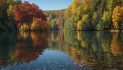 Forest reflected in lake with vibrant autumn colors.