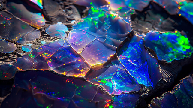 close-up of an opal, showcasing its intricate patterns and vibrant colors. 