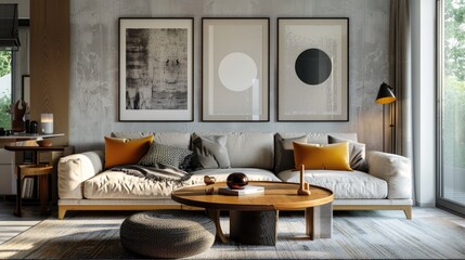 Elegant Nordic living area with designer sofa, vintage table, framed art, decor, rug, and personal touches.
