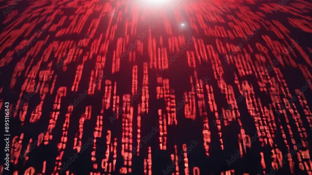 Aufkleber Red digital code streams down a dark background with a bright light at the top.