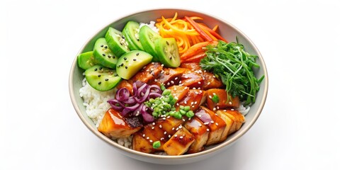 Teriyaki Chicken and Rice Bowl with Cucumber, Carrot, and Green Onions, teriyaki, chicken bowl, asian cuisine, healthy food