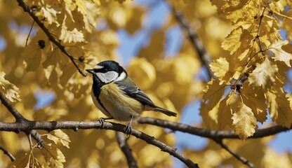 Great tit perched on tree branch with yellow leaves