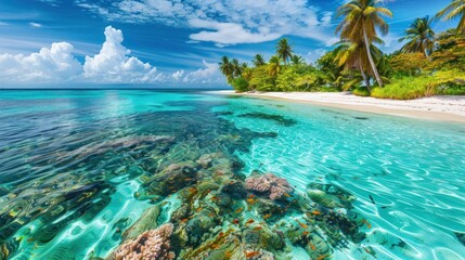 Clear turquoise water laps against a sandy beach with palm trees and coral reefs visible below the surface