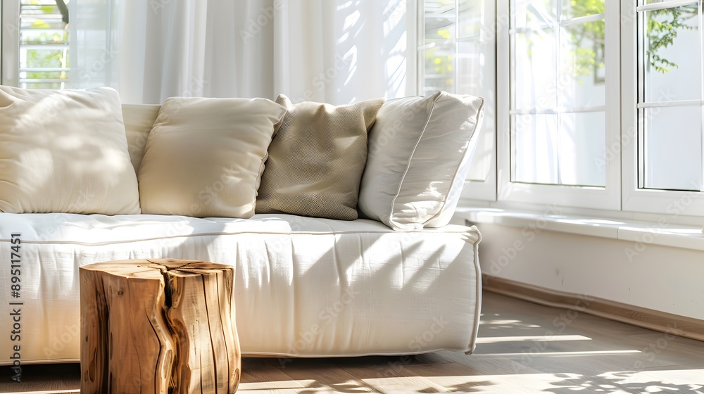 Wall mural living room interior with a white sofa and a wooden table