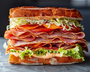 Closeup of a sub sandwich with layers of deli meats and veggies, fast food, hearty sub , FUTURICTIC