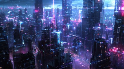 A digital illustration depicting a densely packed futuristic city with neon lights illuminating the towering skyscrapers