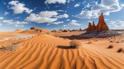 Naklejka premium A panoramic view of the desert landscape with red sand dunes and towering rock formations