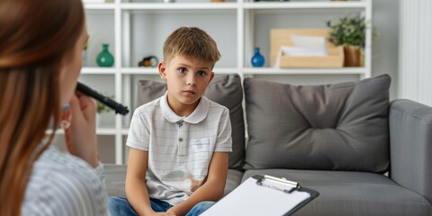 School counselor, psychologist or teacher having conversation with little child boy, holding clipboard, asking questions of personality development test and taking notes. Psychology, education concept