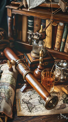 Fototapeta premium Steampunk Telescope Vintage Map Classic Whiskey Antique Study Decor ,printspace